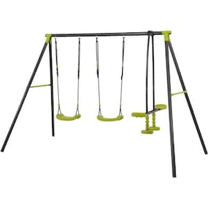 3-Person Black Metal Patio Swing for Outdoor Playground Three Seat Swing Black and Green for Age 3+