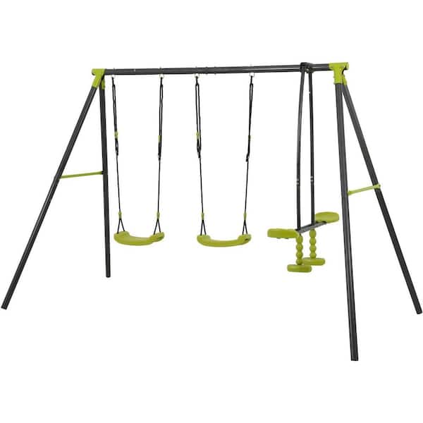 Unbranded 3-Person Black Metal Patio Swing for Outdoor Playground Three Seat Swing Black and Green for Age 3+