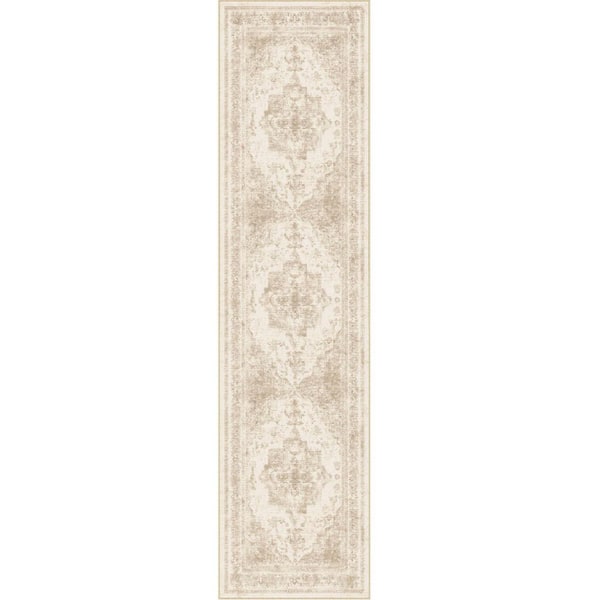 HaiiMeid Persia Beige 2 ft. x 8 ft. Vintage Medallion Distressed Runner Rug
