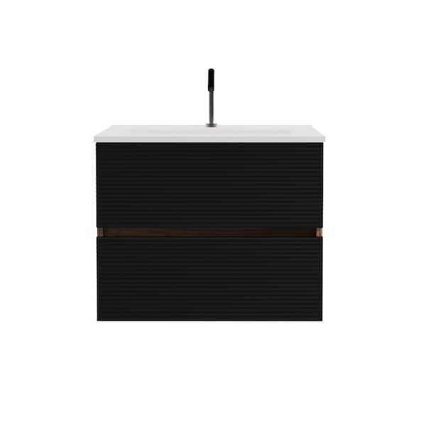 Glory 24 in. Single Sink Wall Mounted Walnut with Soft Black Panel Bath Vanity with White Integrated Ceramic Top Sink
