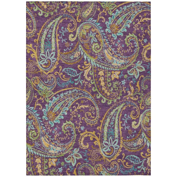 Purple, Turquoise, Gold 8 ft. x 10 ft. Woven Paisley Polyester Rectangle Indoor / Outdoor Area Rug