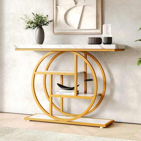 BYBLIGHT Turrella 41.3 in. White Rectangle Wood Console Table with Storage Shelves