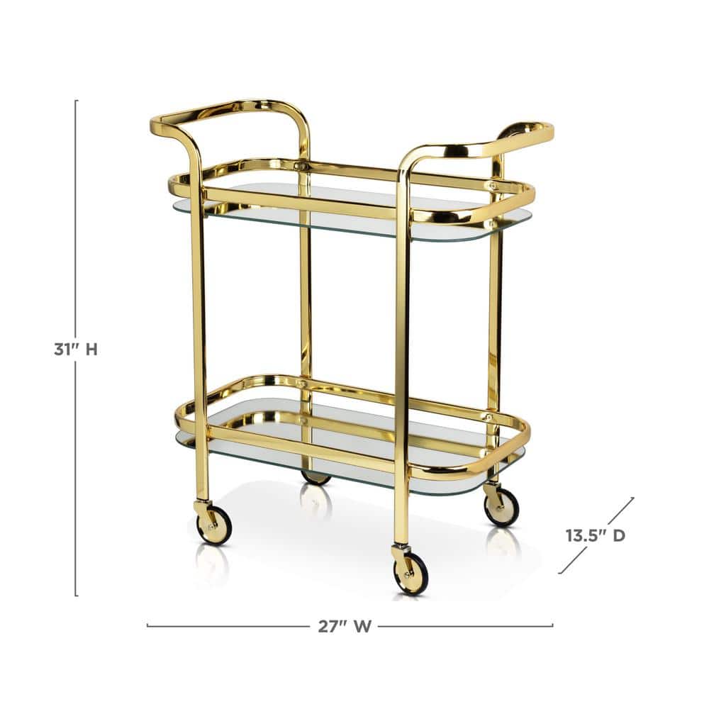 Belmont Polished Gold Stainless Steel Bar Cart with Glass Shelves
