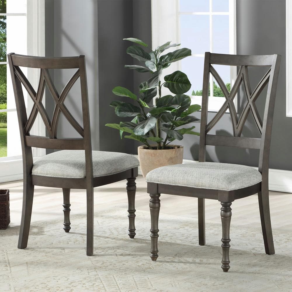 Gray Linen Upholstered Cross Back Side Chair Set