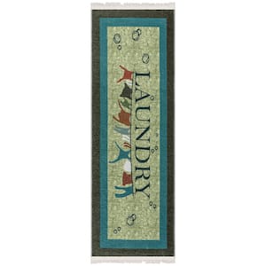 Non Shedding Washable Wrinkle-free Cotton Flatweave Text Design 2x5 Laundry Room Runner Rug, 20 in. x 59 in., Brown