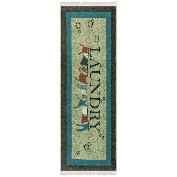 Ottomanson Non Shedding Washable Wrinkle-free Cotton Flatweave Text Design 2x5 Laundry Room Runner Rug, 20 in. x 59 in., Brown