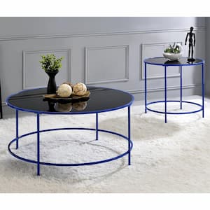 Skyes 22 in. Blue Coating Round Glass Top End Table