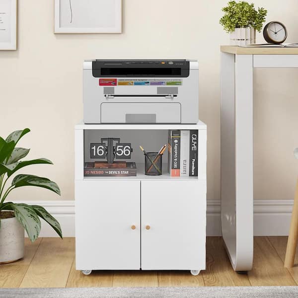 Kahomvis White 28.93 in. H Mobile Printer Stand with Wheels, File Door, and Open Shelf for Letter/Legal/A4 Files
