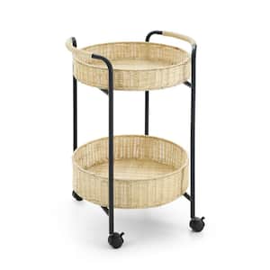 Rattan Series 19 in. Natural Rattan and Black Side Table Night Stand with Rattan Baskets and Wheels