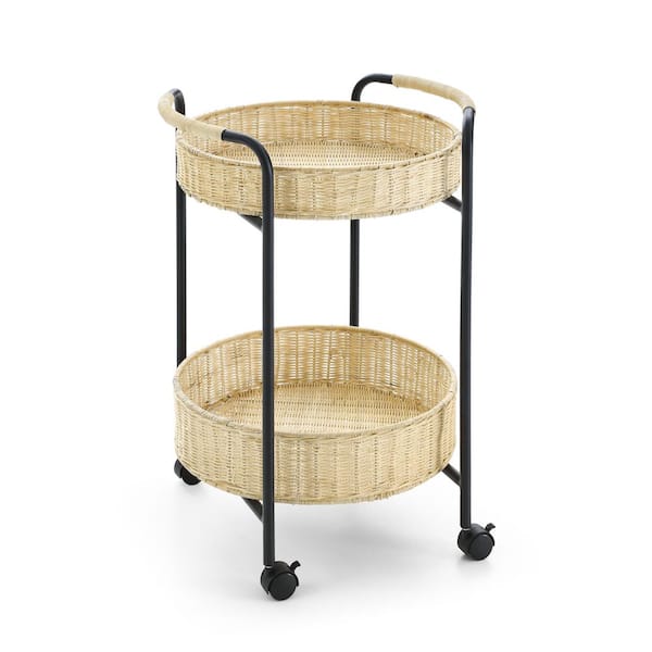 LUCKY ONE Rattan Series 19 in. Natural Rattan and Black Side Table Night Stand with Rattan Baskets and Wheels