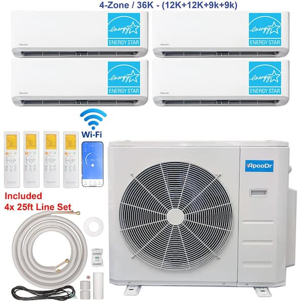 4-Zone ENERGY STAR Wi-Fi 36K BTU 230V 21 SEER2 Mini Split AC with Heat Pump + 12K+12K+9K+9K BTU Heads 25 ft. lineset x 4