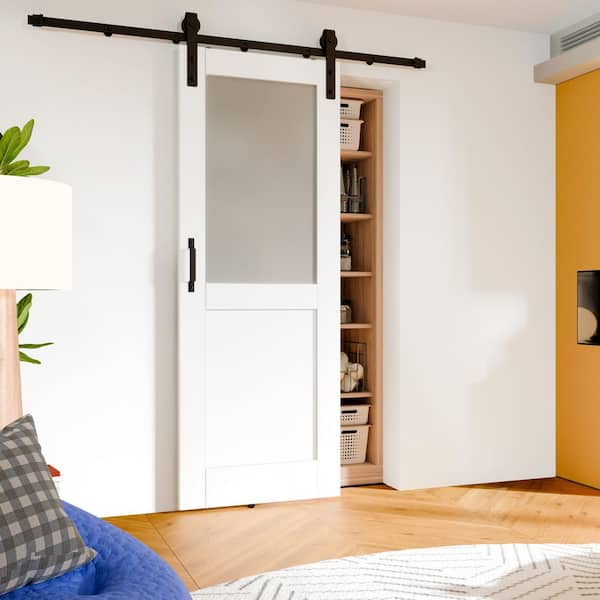 32 in. x 80 in. 1/2 Lite Frosted Glass White Primed Solid Core Pine Wood Barn Door Slab with Full Hardware Kit Set