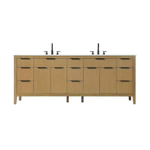 84 in. Double Sink Freestanding Honey Teak Bath Vanity with Marble White Engineered Marble Top