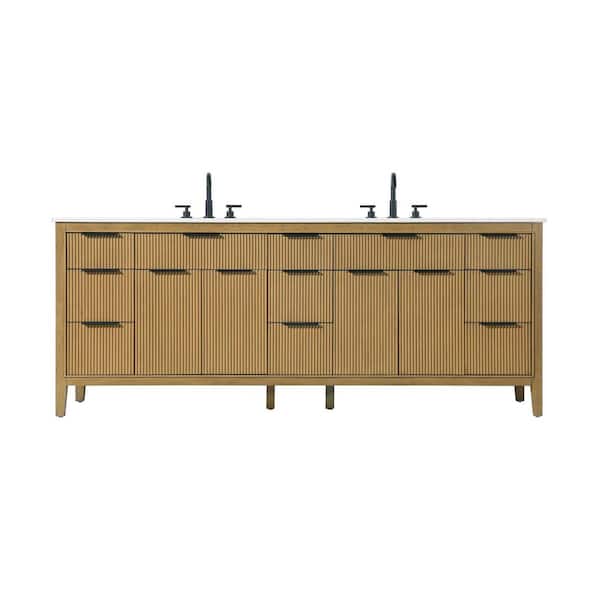 84 in. Double Sink Freestanding Honey Teak Bath Vanity with Marble White Engineered Marble Top