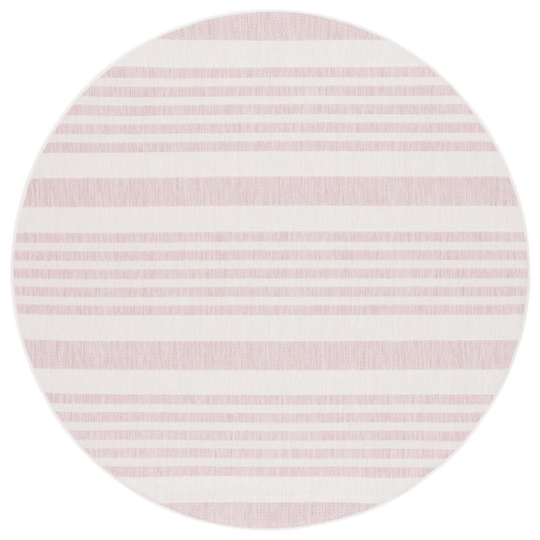 Courtyard Ivory/Soft Pink 7 ft. x 7 ft. Geometric Striped Indoor/Outdoor Round Area Rug