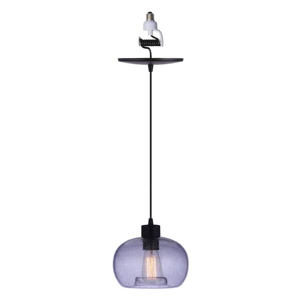 Worth Home Products Instant Pendant Light 6 In. Matte Black Recessed Light Conversion Kit with Seeded Smoke Glass Globe Shade