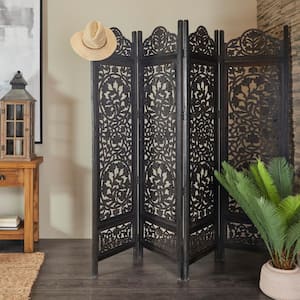 6 ft. Black 4 Panel Floral Handmade Hinged Foldable Partition Room Divider Screen with Intricately Carved Designs