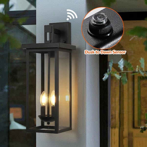 2 Pack 2 Light Outdoor Wall Sconce Weatherproof Black Lantern with Light Sensor, Dusk to Dawn, E12, No Bulbs Included