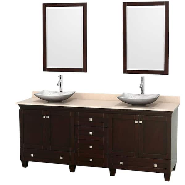 Wyndham Collection Acclaim 80 in. W Double Vanity in Espresso with Marble Vanity Top in Ivory, White Carrara Sinks and 2 Mirrors