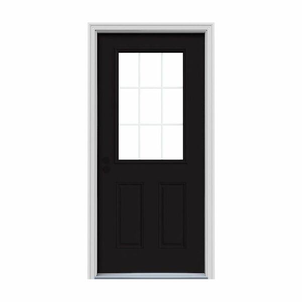 JELD-WEN 34 in. x 80 in. 9 Lite Black Painted w/ White Interior Steel Prehung Right-Hand Inswing Entry Door w/Brickmould