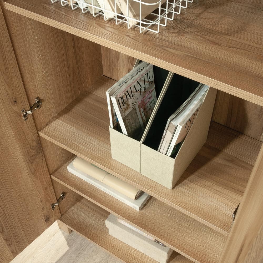 Timber Oak Storage Cabinet with Adjustable Shelving and Black Hardware