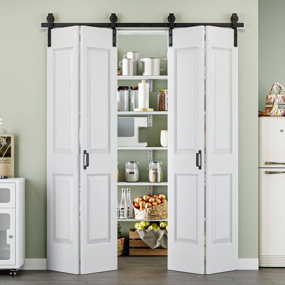 64 in. x 84 in. Paneled 4-Lite White Primed MDF Composite Bi-fold Sliding Barn Door with Hardware Kit and Handle price history on PriceWatchPro