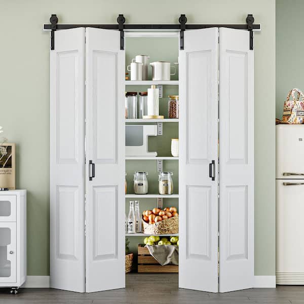 ARK DESIGN 64 in. x 84 in. Paneled 4-Lite White Primed MDF Composite Bi-fold Sliding Barn Door with Hardware Kit and Handle