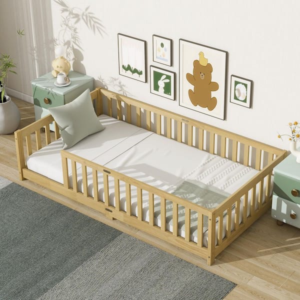 Natural Yellow Wood Frame Twin Size Platform Bed with Safety Guardrails