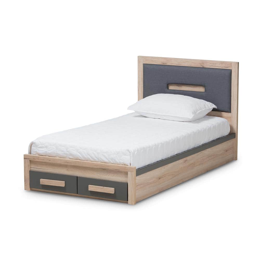 Twin Dark Gray and Light Brown Upholstered Storage Bed with Drawers