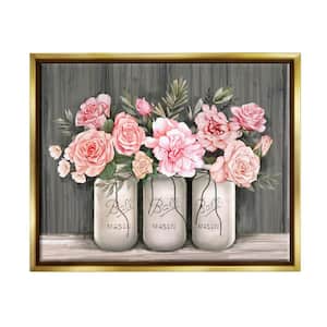 "Blossoming Pink Rose Bouquets Rustic Country Jars" by Ziwei Li Floater Frame Nature Wall Art Print 17 in. x 21 in.