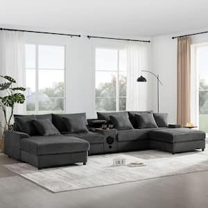 Luxury Collection 144 in. Square Arm 7-Piece Corduroy U-Shaped Sectional Sofa with Console and Ottoman in Dark Gray