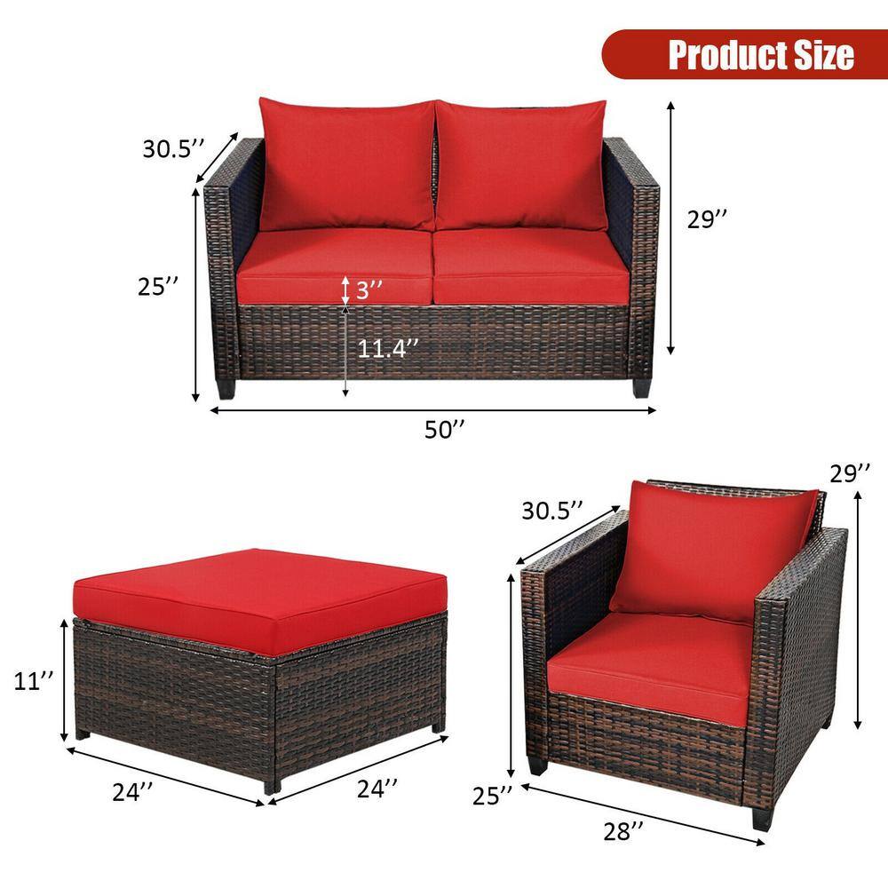 5-Piece Red Cushioned Rattan Patio Furniture Set with Ottoman