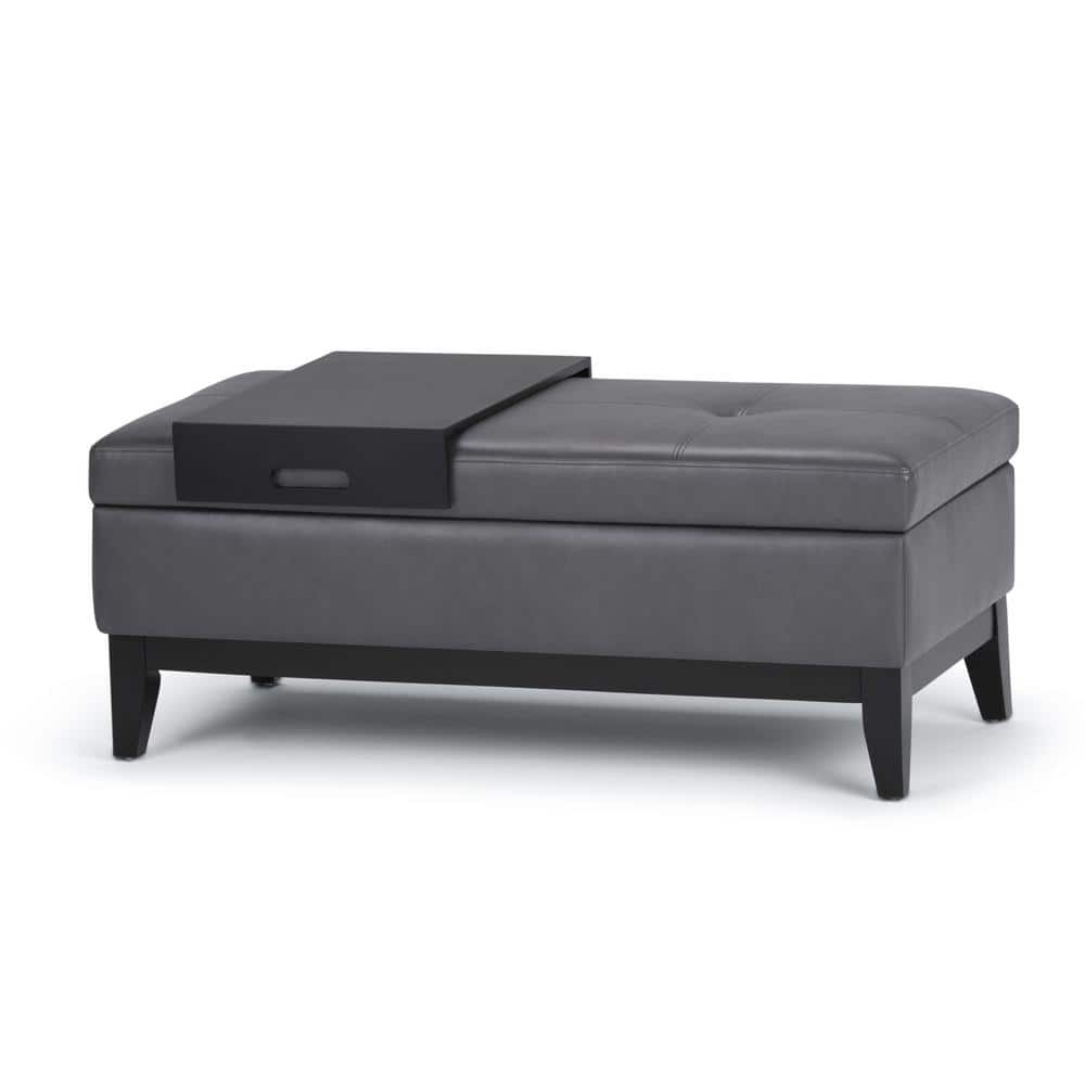 Jackson 42" Stone Grey Faux Leather Tufted Storage Ottoman with Tray