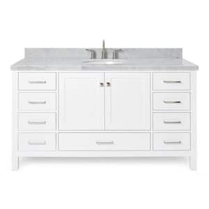 Cambridge 61 in. W x 22 in. D x 36 in. H Bath Vanity in White with Carrara White Marble Top