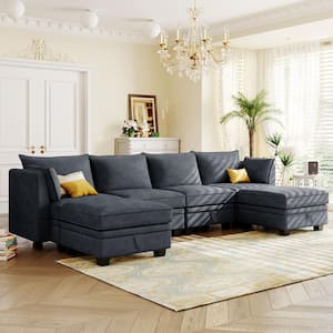 115 in. Flared Arm 6-Piece Linen U-Shaped Sectional Sofa in Dark Gray with Convertible