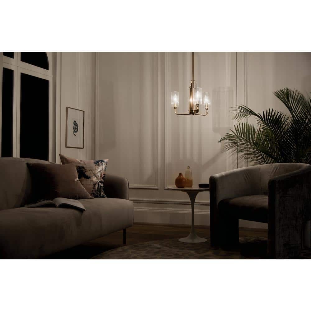 Art Deco Brushed Brass 3-Light Chandelier with Clear Fluted Shades
