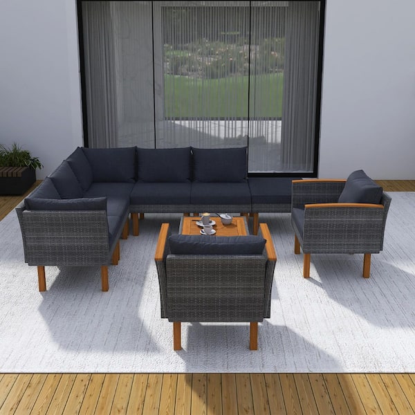 Boosicavelly 9-Piece Gray Rattan Outdoor Conversation Set with Gray Cushions and Wood Tabletop