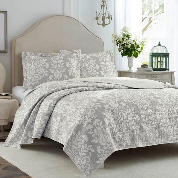 Laura Ashley Rowland 3 Piece Dove Gray Floral Cotton King Quilt Set 221804 The Home Depot
