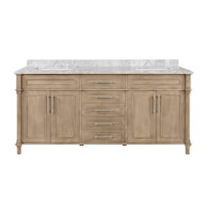 Aberdeen 72 in. x 22 in. D Bath Vanity in Antique Oak with Carrara Marble Vanity Top in White with White Basins