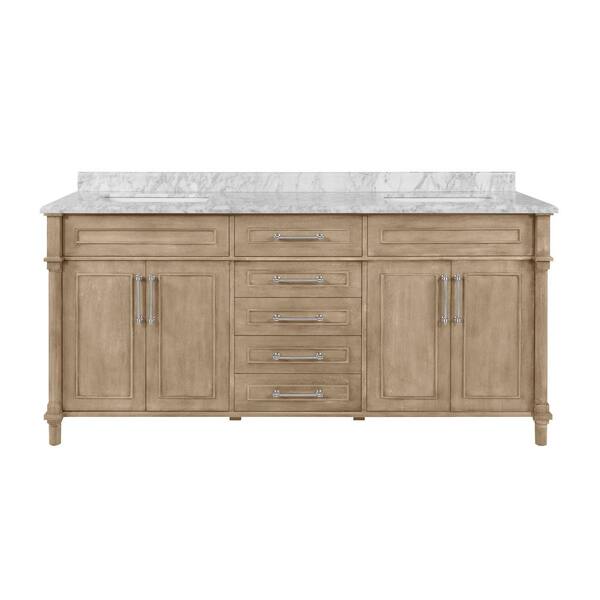 Home Decorators Collection Aberdeen 72 in. x 22 in. D Bath Vanity in Antique Oak with Carrara Marble Vanity Top in White with White Basins