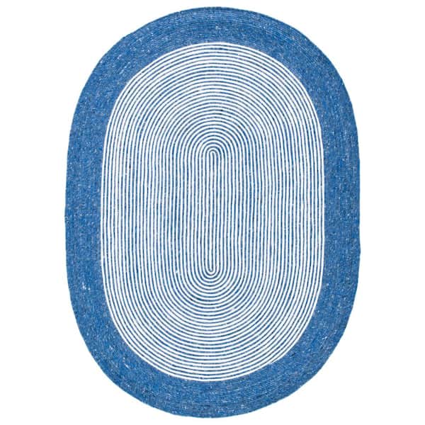 SAFAVIEH Braided Navy Ivory 4 ft. x 6 ft. Border Striped Oval Area Rug