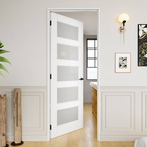30 in. x 80 in. 5-Lite Frosted Glass Left Handed White Solid Core Single Interior Door with Quick Assemble Jamb