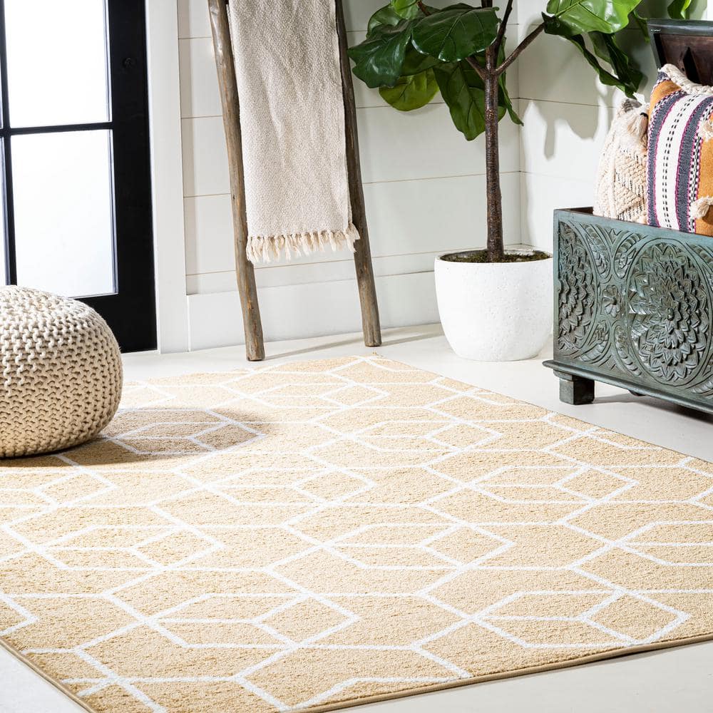 Gold and White Geometric Flat Woven Reversible Rug