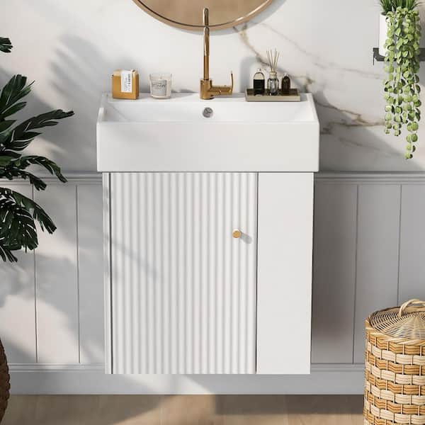 Unbranded 21.6in.W x 12.2in.D x 26.4 in. H Right Side Storage Single Sink Floating White Bath Vanity, with White Ceramic Top Basin