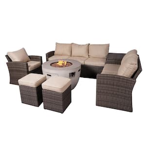 Greenland Gray 7-Piece Wicker Patio Conversation Set Round Firepits with Beige Cushions and Ottomans