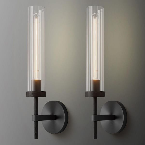Gleam Flare 19 in. 1-Light Black Wall Sconce, Modern Wall Light with Glass Tube for Living Room, Dining Room (2-Sets)