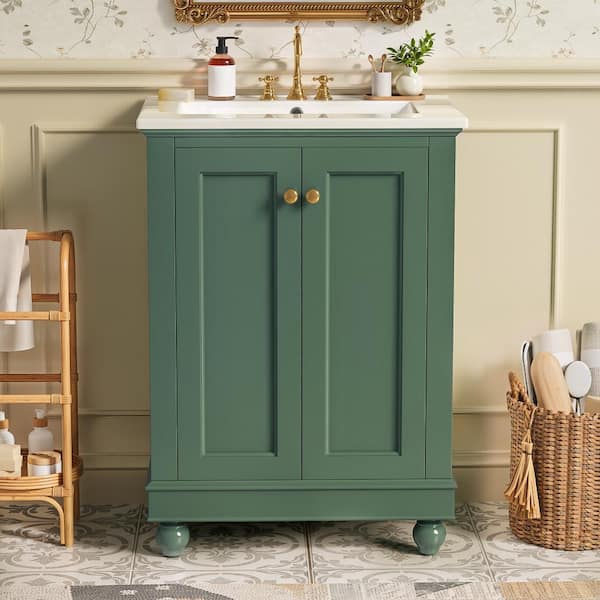YSQCAR 24 in. W Green Freestanding Bath Vanity with White Ceramic