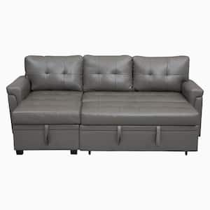 84.64 in. Faux Leather L-Shaped Sleeper Sectional Sofa with Square Arms in Gray Reversible Chaise, and Pull-out Sofa Bed