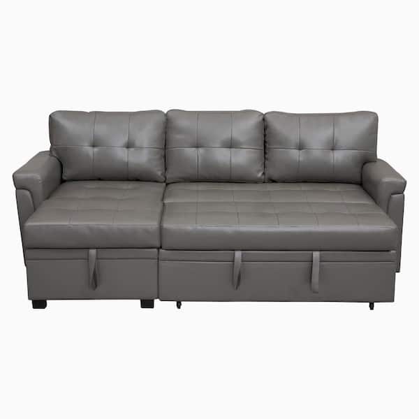 HOMESTOCK 84.64 in. Faux Leather L-Shaped Sleeper Sectional Sofa with Square Arms in Gray Reversible Chaise, and Pull-out Sofa Bed