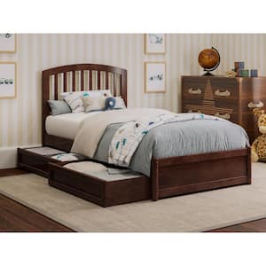 Lucia Walnut Brown Solid Wood Frame Twin Platform Bed with Panel Footboard and Storage Drawers